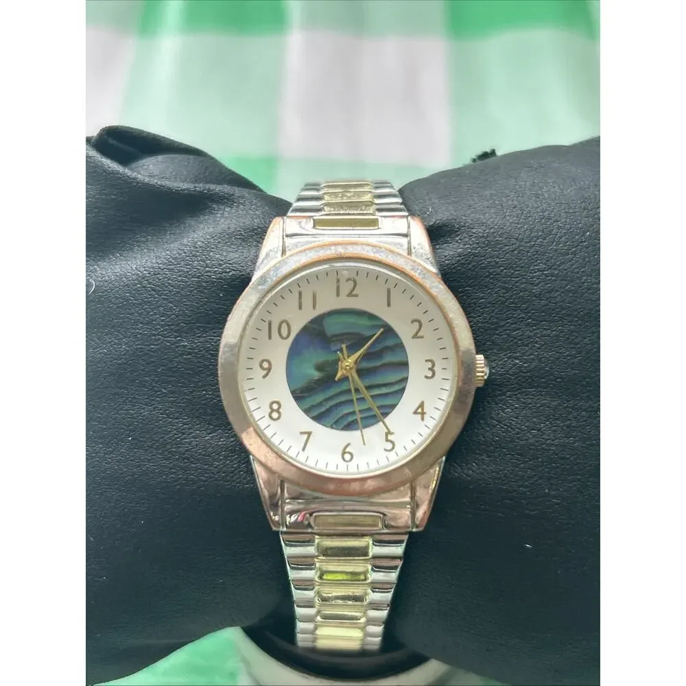 Two Tone Abalone Dial Women’s Stretch Band Quartz Watch